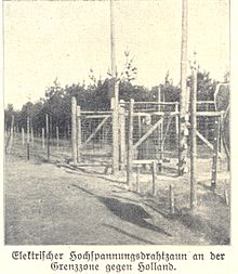 Electrified fence along the border between the Netherlands and Belgium during the First World War 1914-1918. Hochspannungszaun Belgien-Holland 1.jpg