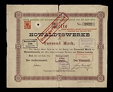 Share of the Howaldtswerke, issued 19 June 1889 Howaldtswerke 1889.jpg