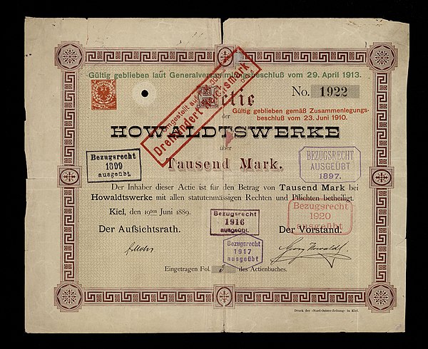 Share of the Howaldtswerke, issued 19 June 1889