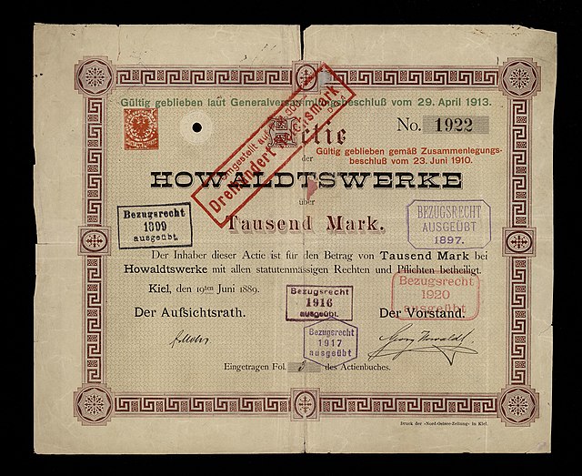 Share of the Howaldtswerke, issued 19 June 1889
