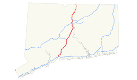 De route van Interstate 91 in het centrum van Connecticut, de snelwegroute in het rood.