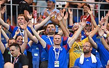 Iceland fans performing Viking Thunder Clap ISL-HRV (16).jpg