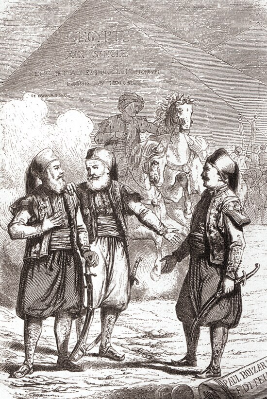 Ibrahim Pasha, with father Muhammad Ali Pasha and Colonel Sève (Suleiman Pasha, right).