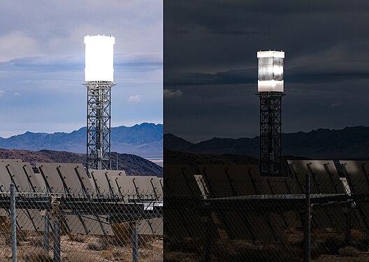 Ivanpah solar power plant tower (1 of 3) with no filter (left) and 9 stop ND filter (right) to show the solar focus portion of the collector