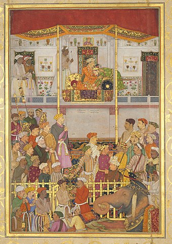 Jahangir receives Prince Khurram at Ajmer on his return from the Mewar campaign
