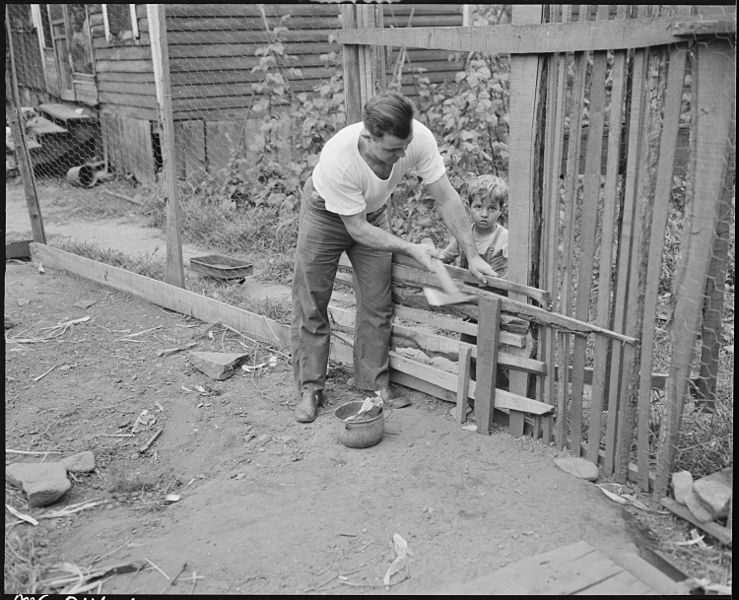 File:James Wheeler, miner repairs fence of his chicken yard. Raven Red Ash Coal Company, No. 2 Mine, Raven, Tazewell... - NARA - 541117.jpg