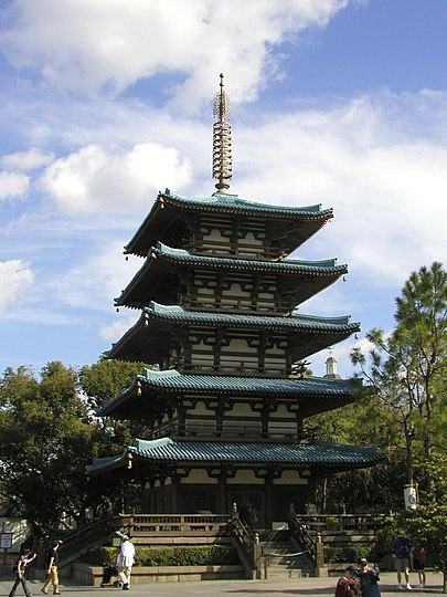 The Japan pavilion features a large pagoda.