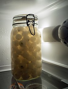 Pickled pearl onions. Jar of pickled onions in fridge.jpg