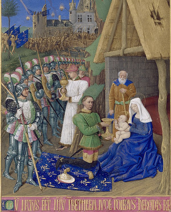 In this painting by Jean Fouquet, Louis's father Charles VII is depicted as one of the three magi, and it is assumed that Louis, then dauphin, is one 