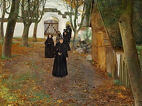 Mensen verlaten de kerk in Mogenstrup, 1889