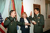 Lt. Gen. John H. Tilelli Jr. is sworn in as deputy chief of staff for operations and plans by the judge advocate general of the Army, Maj. Gen. John L. Fugh on March 30, 1993. LTG John H. Tilelli Jr. is administered the oath of office as Deputy Chief of Staff for Operations and Plans DA-SC-97-01459 (6493715).jpg