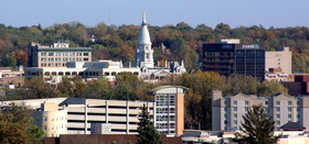 The county courthouse and nearby buildings along the Wabash River in Lafayette and West Lafayette Lafayette skyline from West Lafayette.png