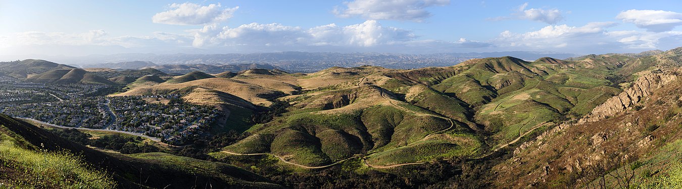 Panorama of Lang Ranch, Thousand Oaks, California, with the long shadows of the golden hour