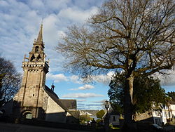 Locquénolé 9 L'arbre de la liberté et l'église Saint-Guénolé.JPG