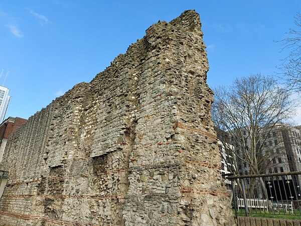 A surviving section of Roman Wall on Tower Hill. Great Tower Hill lay inside the wall, Little Tower Hill outside.