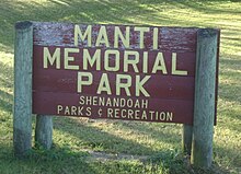 Entrance sign to Manti Memorial Park, which is a former town located just a mile south of Shenandoah, Iowa. This park is within Fremont County, Iowa. Manti Iowa.jpg