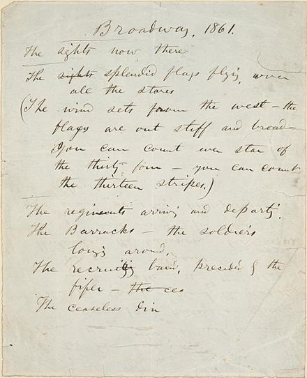 Walt Whitman's handwritten manuscript for "Broadway, 1861"