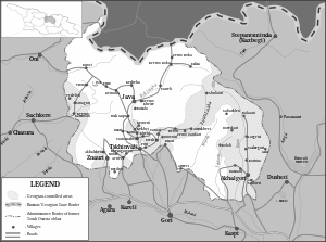Карта Южной Осетии. Штриховкой отмечены территории, контролировавшиеся Грузией после войны 1991—1992 гг.