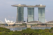 Three towers of Marina Bay Sands, ArtScience Museum on the left Marina Bays Sands Hotel and ArtScience Museum Singapore.jpg