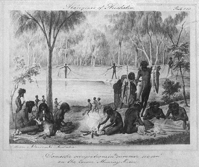 William Blandowski's 1857 depiction of Jarijari (Nyeri Nyeri) people including men hunting, women cooking and children playing near Merbein, Victoria.