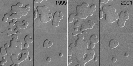 Pits in south polar ice cap, taken in consecutive southern hemisphere summers, the first of which was in 1999, the second in 2001. Mars Global Surveyor, NASA Mars pits 1999.gif