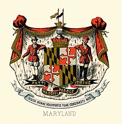 The historical coat of arms of Maryland in 1876 Maryland state coat of arms (illustrated, 1876).jpg