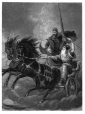 An illustration of Merlin as a druid in The Rose (1848) Merlin and the Knight.png