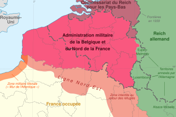 Carte de l'administration militaire allemande de la Belgique et du Nord de la France, entre 1940 et juillet 1944, où a été rattaché le Nord-Pas-de-Calais.