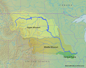 Kaart van die Missouririvier-bekken in Noord-Amerika.