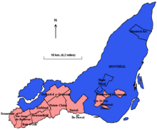 Language demographics of the municipalities of the Island of Montreal. In blue, the municipalities where the main language is French; in pink, the municipalities where the most used language is English