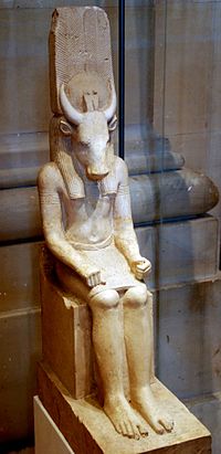 Ptolemaic (4th/1st century BC) statue of Montu with bull's head, symbol of military valour. Louvre, Paris. Montu Ptolemaic Period Louvre.JPG