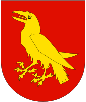 Wappen mit einer goldenen Krähe auf rotem Hintergrund