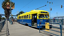 An E Embarcadero streetcar at the station in 2017 Muni 1010 at Brannan station, August 2017.jpg