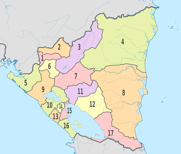 Nicaragua, administrative divisions - Nmbrs - colored.svg