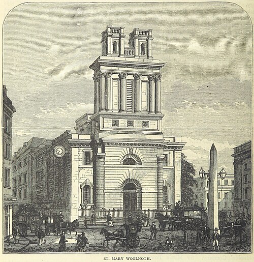 Note the monument outside St Mary Woolnoth, which was taken down and re-erected at Ballard Down in 1892.