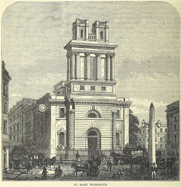 Note the monument outside St Mary Woolnoth, which was taken down and re-erected at Ballard Down in 1892.