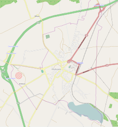 Mapa konturowa Olsztynka, w centrum znajduje się punkt z opisem „Parafia Ewangelicko-Metodystyczna w Olsztynku”