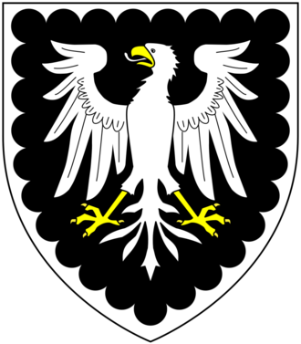 Arms granted in 1760 to "Robert Palk of Headborough in the county of Devon": Sable, an eagle displayed argent beaked and legged or a bordure engrailed of the second PalkArms.PNG