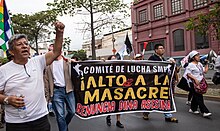 Protesters denouncing massacres, describing President Boluarte as "Dina Asesina" or "Murderer Dina" Paro Nacional 28 de enero, Lima 15.jpg