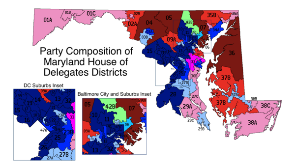 Map of Maryland House of Delegates electoral districts by party composition:    3 sub-districts 2 sub-districts 1 sub-district     3 dem.   2 dem., 1 rep.   1 dem., 2 rep.   3 rep.    2 dem.   1 dem., 1 rep.   2 rep.    1 dem.   1 rep.   1 ind.