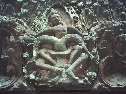 A lintel showing Krishna killing Kamsa, on the south wall of the sanctuary.