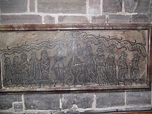 Incised alabaster slab of Littleton family members, in Civil War period dress, now on the north chancel wall of St. Michael's church. Penkridge St Michael - Littleton memorial tablet.jpg