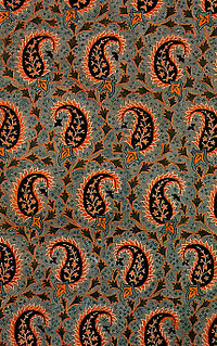 Persian Silk Brocade. Persian Textile (The Golden Yarns of Zari - Brocade). Silk Brocade with Golden Thread (Golabetoon). Pattern and Design: Paisley Left and Right (Bote Jeghe), With Main Repeating Motif (Persian Paisley). Persian Silk Brocade - Paisley - Persian Paisley - Abdollah Salami - 1939.jpg