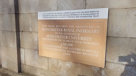 Plaque on the wall of Manchester Royal Infirmary