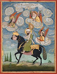 Portrait of the Prophet Muhammad riding the buraq steed