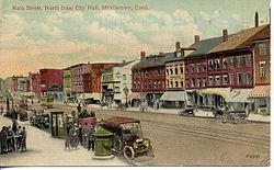Main Street, looking north from City Hall, about 1912 PostcardMiddletownCTMainStNorthfrCHall1912.jpg