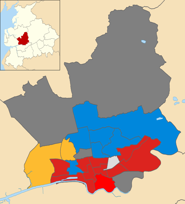 Map of the results of the 2003 Preston council election. Labour in red, Conservatives in blue, Liberal Democrats in yellow, independent in light grey and Socialist Alliance in light red. Wards in dark grey were not contested in 2003.