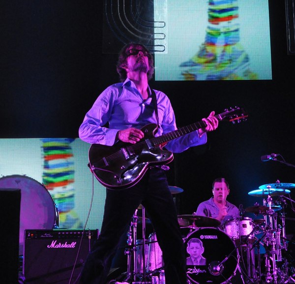 Jarvis Cocker and Nick Banks performing with Pulp at the Coachella Festival in 2012.