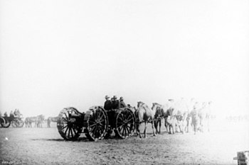 4.5-inch Howitzer with 'ped-rails' (sand tyres) around wheels, used in desert conditions. QF 4.5 inch howitzer Egypt WWI AWM C00643.jpeg