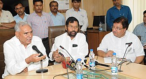 CR Chaudhary with Minister of Consumer Affair Food and Public Distribution Mr Ramvilas Paswan. Ram Vilas Paswan and the new Minister of State for Consumer Affairs, Food and Public Distribution, Shri C.R. Chaudhary interacting with the media, in New Delhi.jpg
